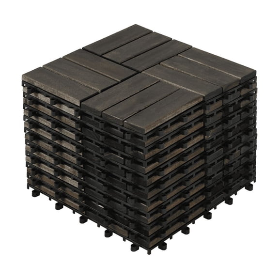 10-Pack Dark Brown Striped Acacia Wood Deck Tiles, 12"×12" Outdoor Flooring