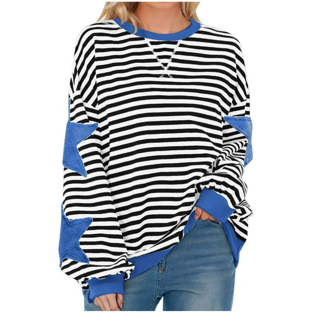 Swstbby Liquidation d'Économies d'Automne! Hauts d'Automne pour Femmes Grande Taille, Blouse Mode pour Femme à Col Rond à Rayures Imprimées Ample à Manches Longues Blouses Chandails Bleu TTTG