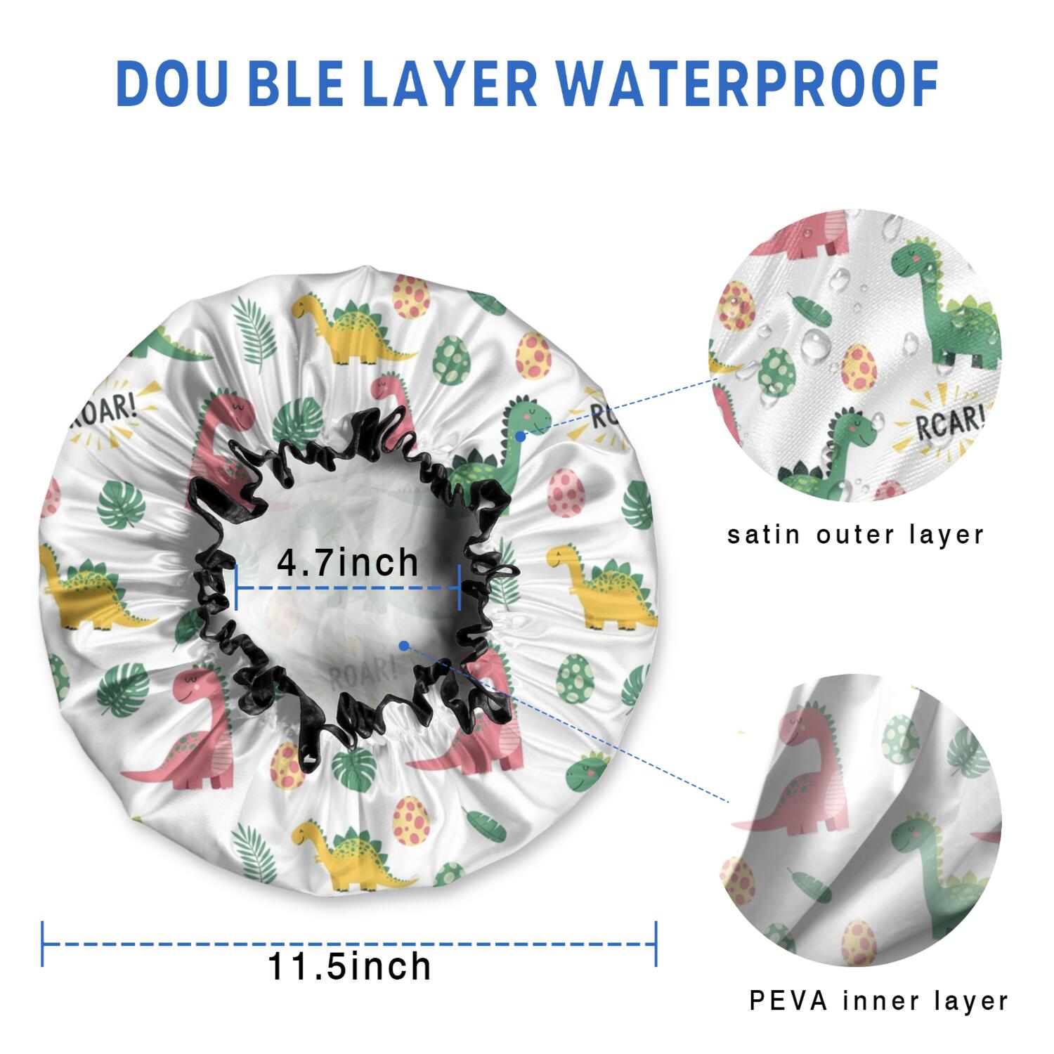 Shower Caps,White Cartoon Dinosaurs Roar Pattern Waterproof Shower Cap for Women 4 Pieces,Double Reusable Hair Cover for Shower PEVA Elastic Stretch Hem
