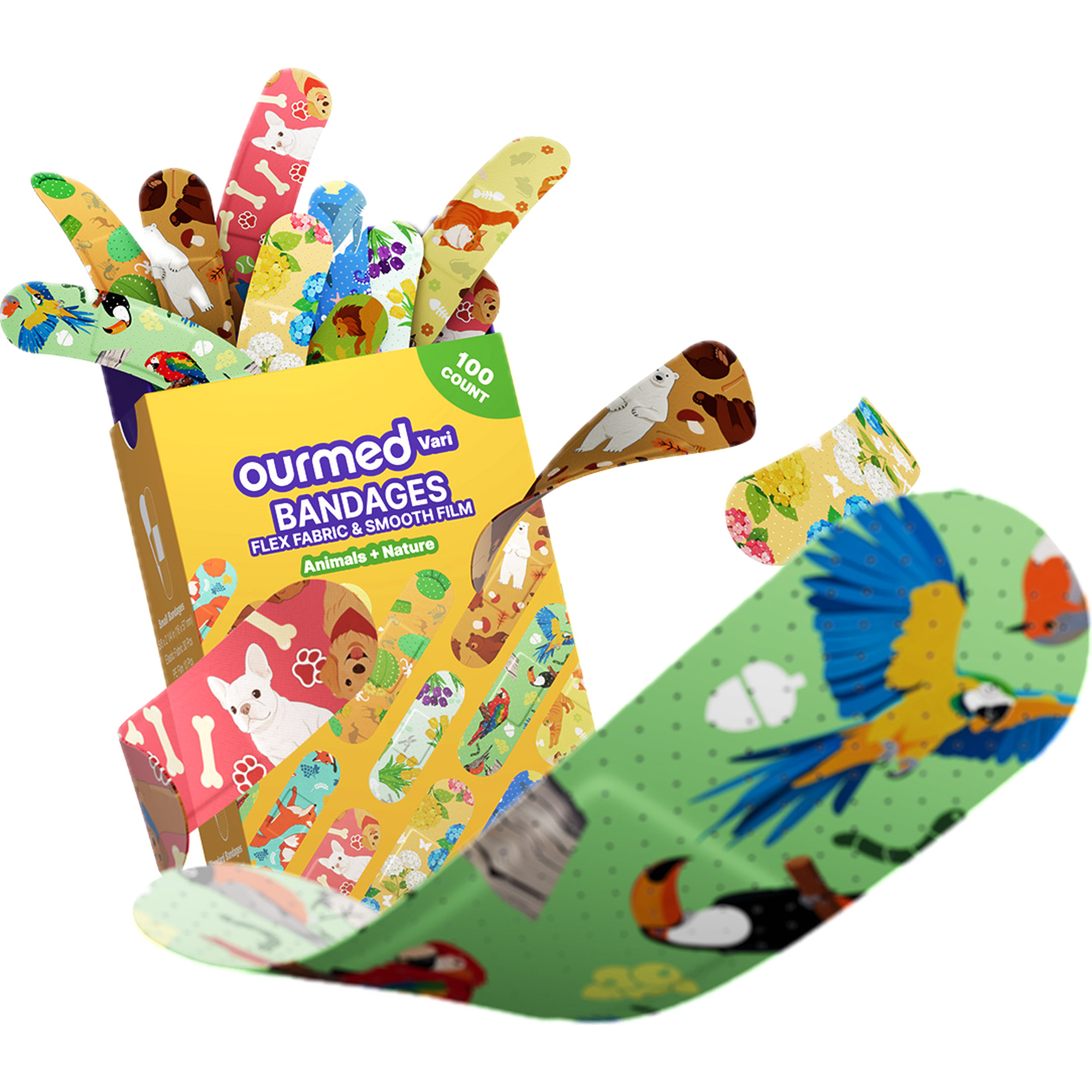 Ourmed Bandages for Kids, 100 Count , Cartoon Printed, 2 Size Various Colors, Elastic Fabric Adhesive Bandages