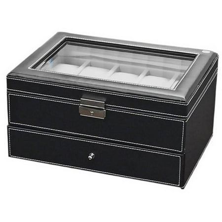 Watch Box Large 20 Men's Black Leather Display Glass Top Jewelry Case Organizer