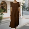 thumbnail image 2 of Horkkom Linen Dress Women Summer Short Sleeve Maxi Dress Casual Loose Flowy Pleated Dresses Crew Neck Solid Color Long Dresses L, 2 of 6