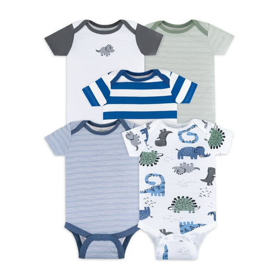 Little Star Organic Baby Boy Short Sleeve Bodysuits, 5-Pack, Size Newborn-24M