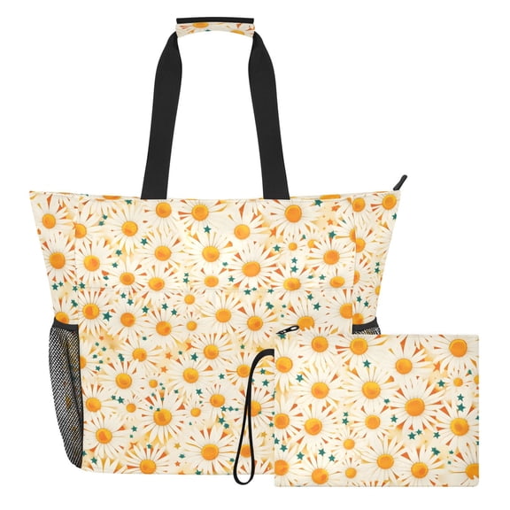 Summer Daisies Beach Bag Travel Tote Bag Reusable Shopping Bag Gym Bag with Wet Pocket Waterproof