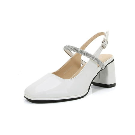 

SIMANLAN Womens Pumps Slingback Heeled Sandals Ankle Strap High Heels Ladies Fashion Dress Shoes Women Square Toe White 9