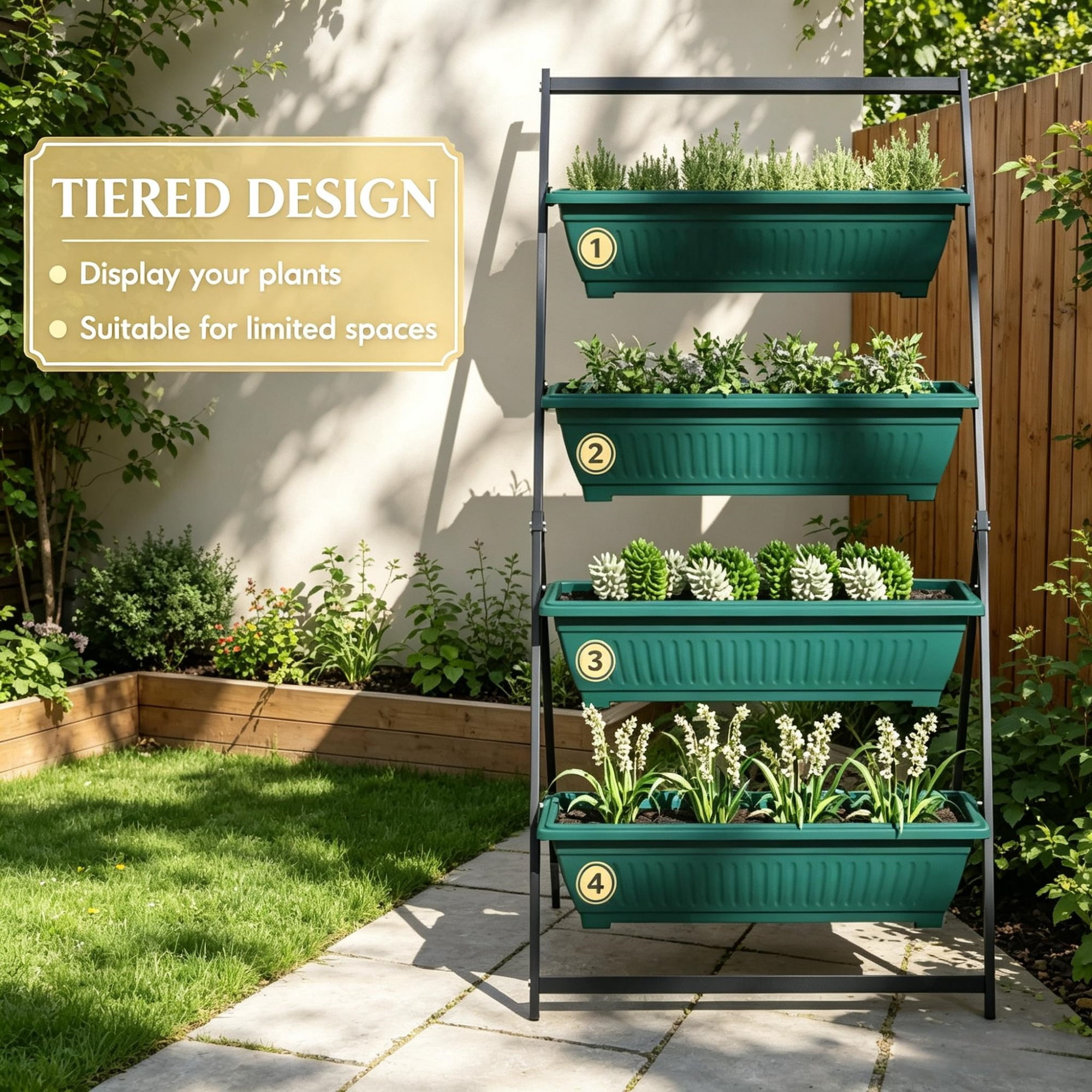 4-Tier Green Vertical Raised Garden Planter, Sturdy 4-Box Outdoor Plant Stand Grow Container for Plants