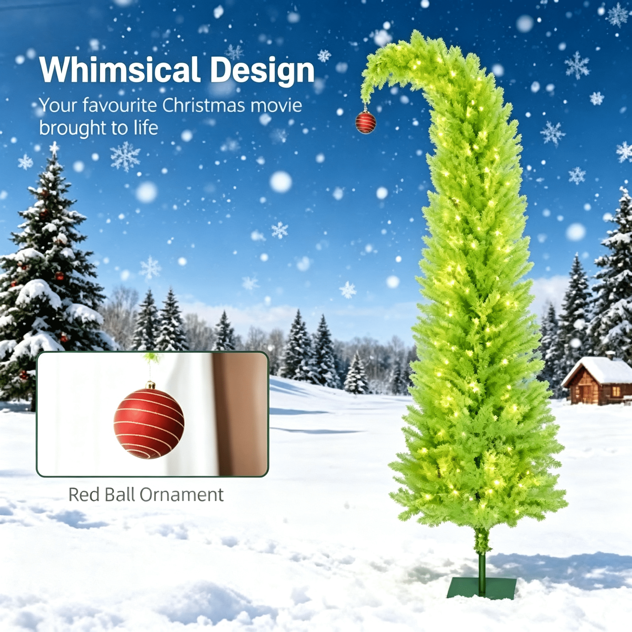 72 in Whimsical Christmas Tree, Pencil Xmas Tree with Red Ball, Metal Base, Prelit with 230 LED Lights