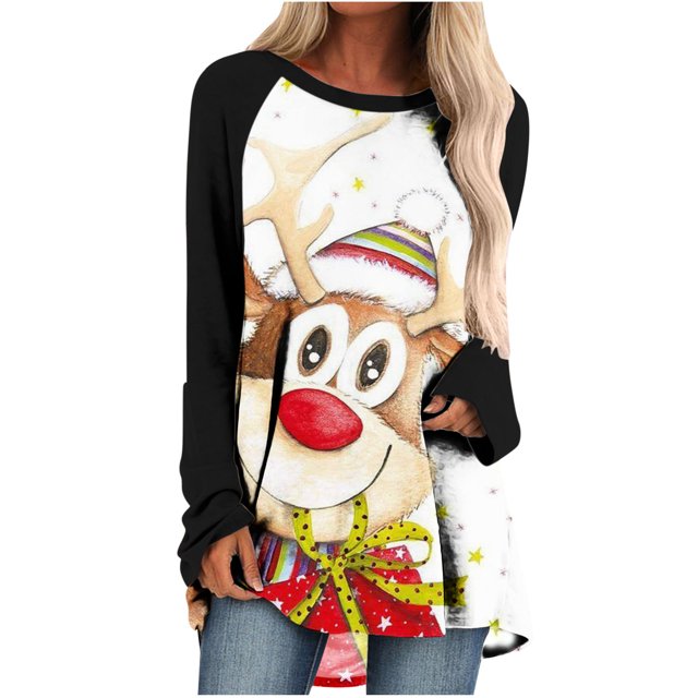 Camiseta de manga larga con cuello redondo y estampado navideño para mujer Pompotops qwe24225