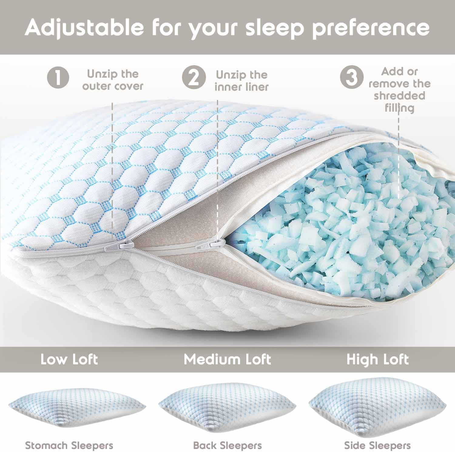 SUSIELADY King Size Cooling Pillow 1 Pack, Shredded Memory Foam, Adjustable Cold Gel for Hot Sleepers, Supportive Cool Pillow for Side Back Stomach Sleepers (20"×36", King)