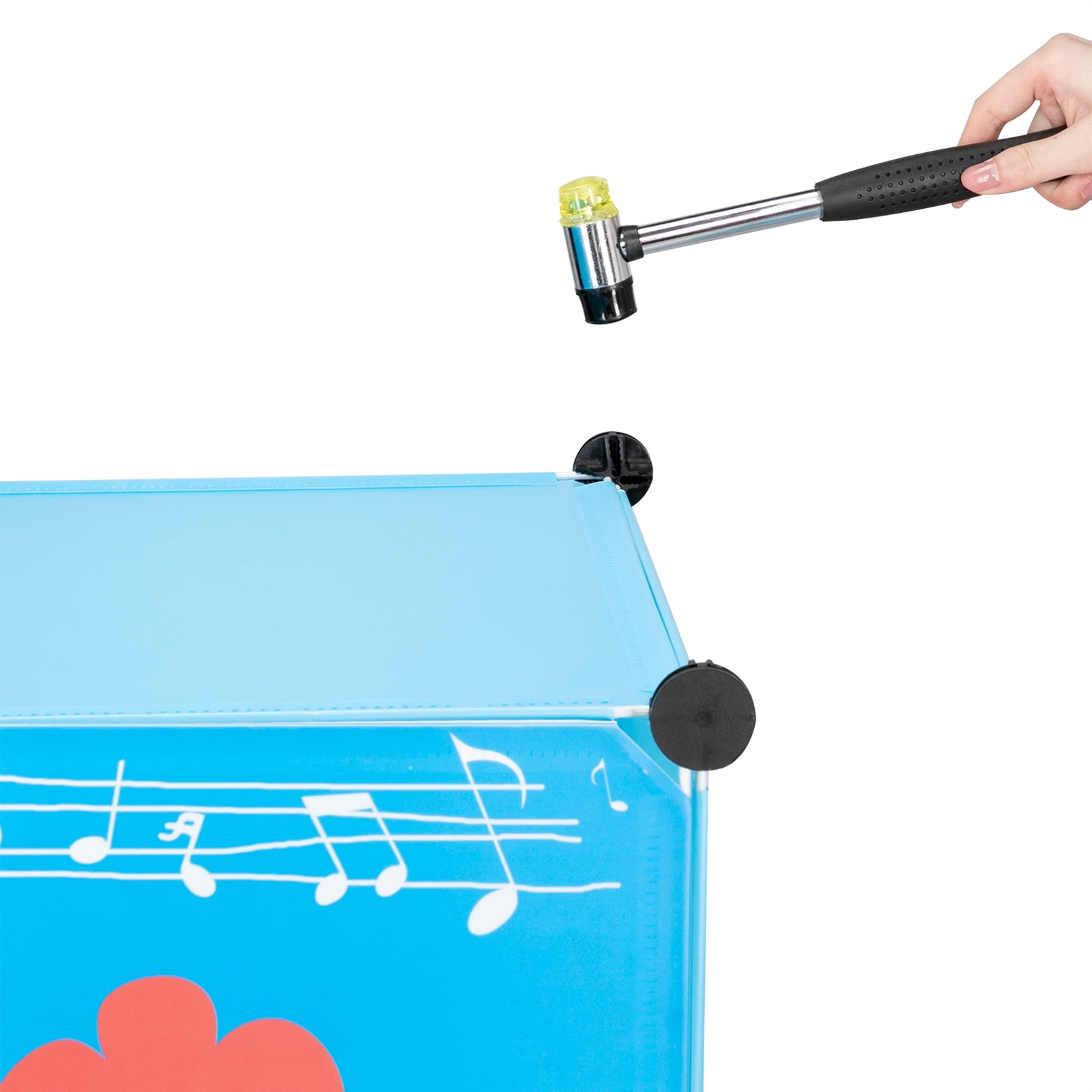 4-Layer 12-Grid 2-Hanging Rod Magic Cube Wardrobe, Plastic + Steel Wire Material with Animal Pattern, Pattern Door Blue Cabinet