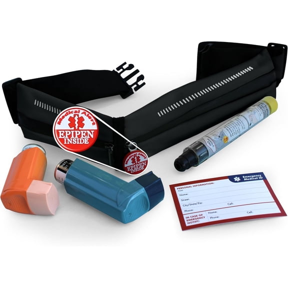 EpiPen Waist Belt with Medical Alert Tag, EpiPen Fanny Pack, Sports Outdoors Epipen Case for Walking or Running - Fits EpiPen and a M.D.I. Inhaler (Midnight Black)