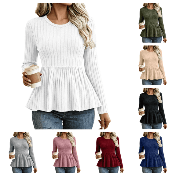 Bxsruta Womens Tops Long Sleeve Crew Neck Shirts Ribbed Knit Peplum Blouses Casual Fitted