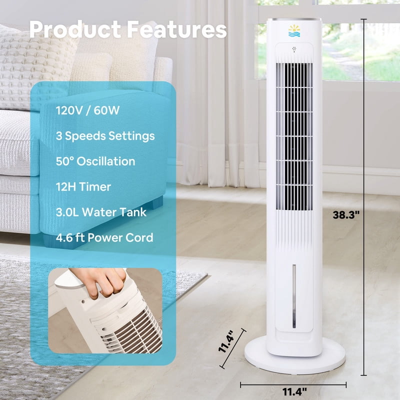 Etust 38" Evaporative Tower Fan with Humidifier, Quiet Bedroom Cooling Fan with Timer, LED Display and Oscillation