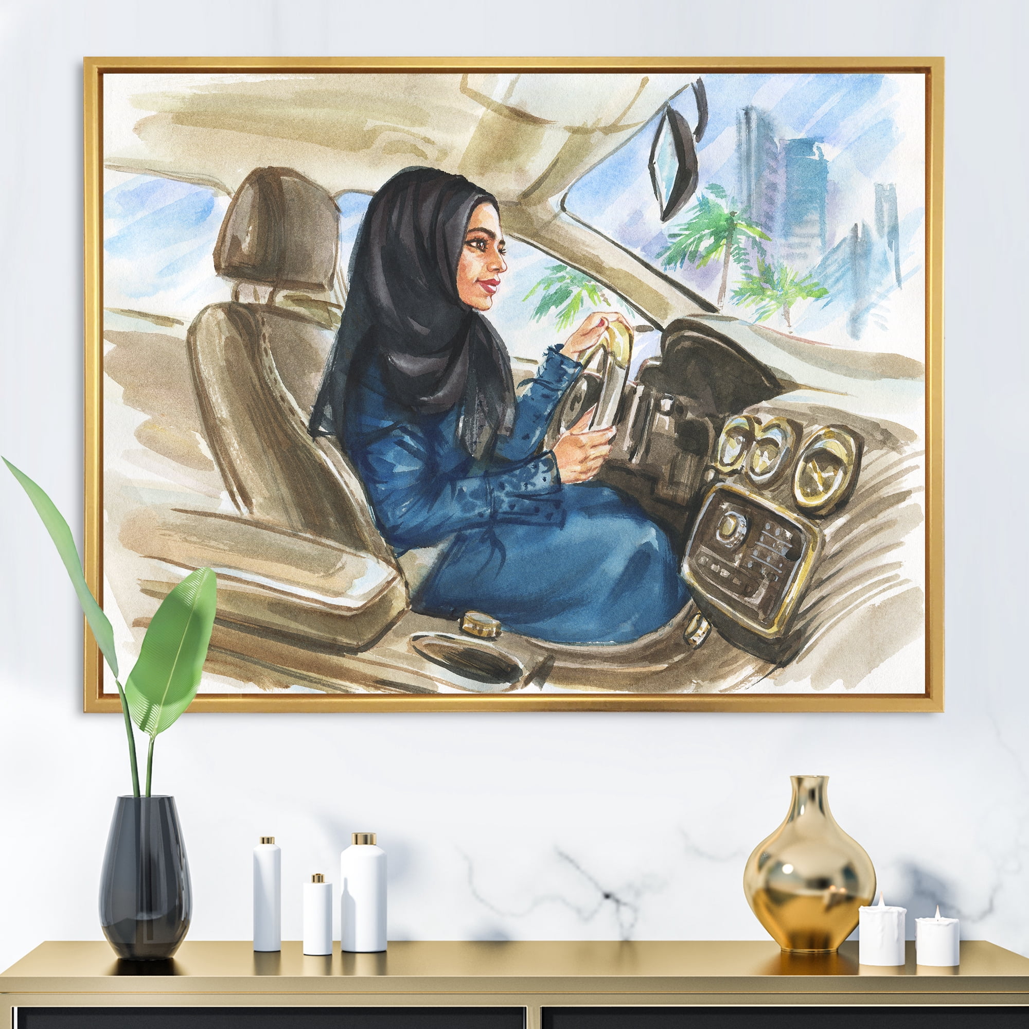 Designart 'Arabian Lady Driving A Car I' Modern Framed Canvas Wall Art Print