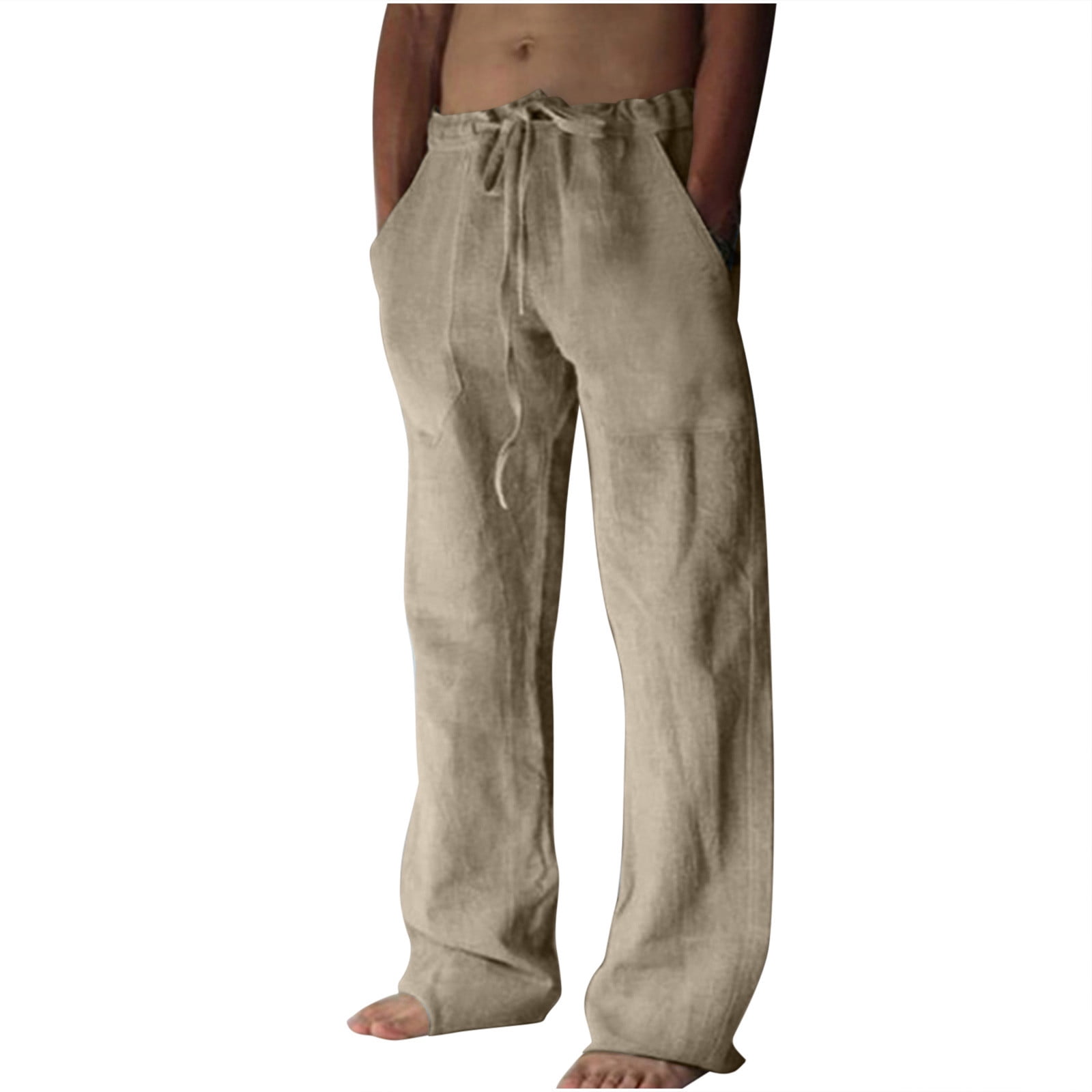 Cotton Linen for Men Lightweight Solid Drawstring Wide Leg Pants Casual ...