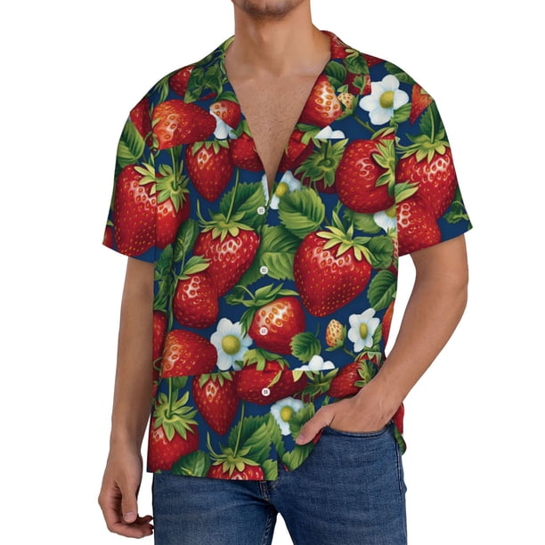 Balery Strawberry2 Camisa Casual de Manga Corta con Botones para Hombre, Texturizada, Estilo Cubano, para Playa, Verano-XX-Large