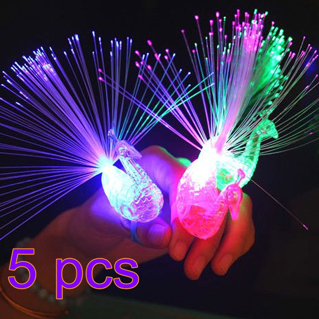 5Pcs Peacock Finger Light Colorful LED Lightup Rings Party Gadgets