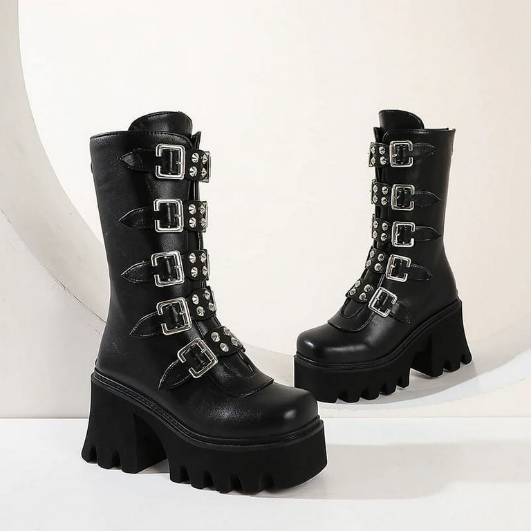 Divines Devil Gothic Punk Women's Platform Boots Black Buckle