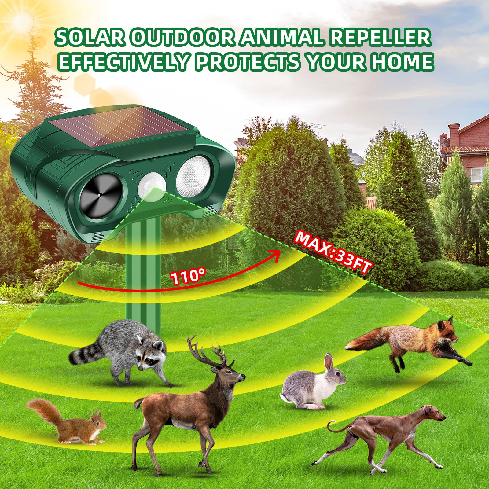 KingFurt Ultrasonic Solar Animal Repellent with Motion Sensor Flashing Light Waterproof Outdoor 4 Pack