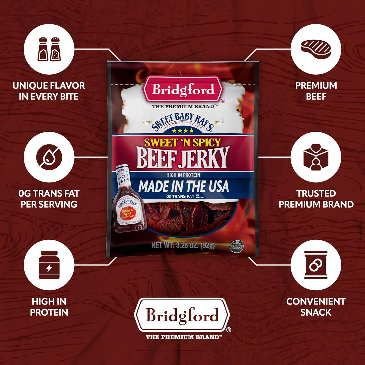 Bridgford Sweet Baby Ray’s Beef Jerky Honey BBQ 10 oz Pack of 6