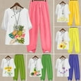 thumbnail image 4 of TNOBHG Women T-shirt Pants Suit 2 Pcs/set Women Top Pants Set Floral Print O Neck Loose Button Decor Half Sleeve Retro Elastic Waist Wide Leg Soft Breathable, 4 of 8