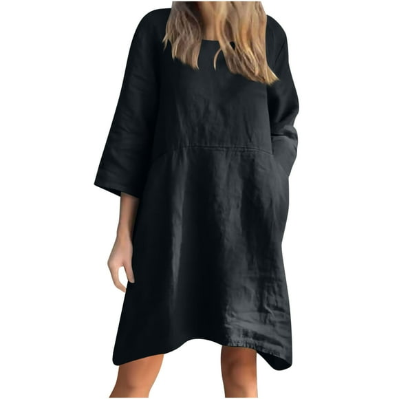 UPPADA Women 3/4 Sleeve Loose Fit Midi Dress Casual Solid Plus Size Sundress Trendy Kaftan T-Shirt Dress Boho Beach Summer Pullover Dress,Women formal Dress Black,XL