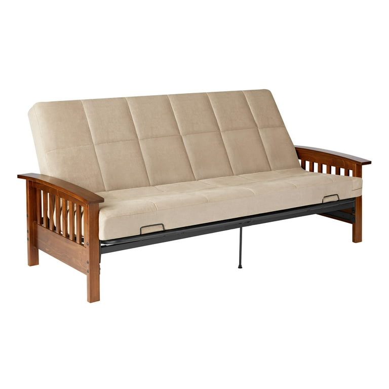 Better Homes Gardens Neo Mission Wood Arm Futon with 6 inch Tan Mattress