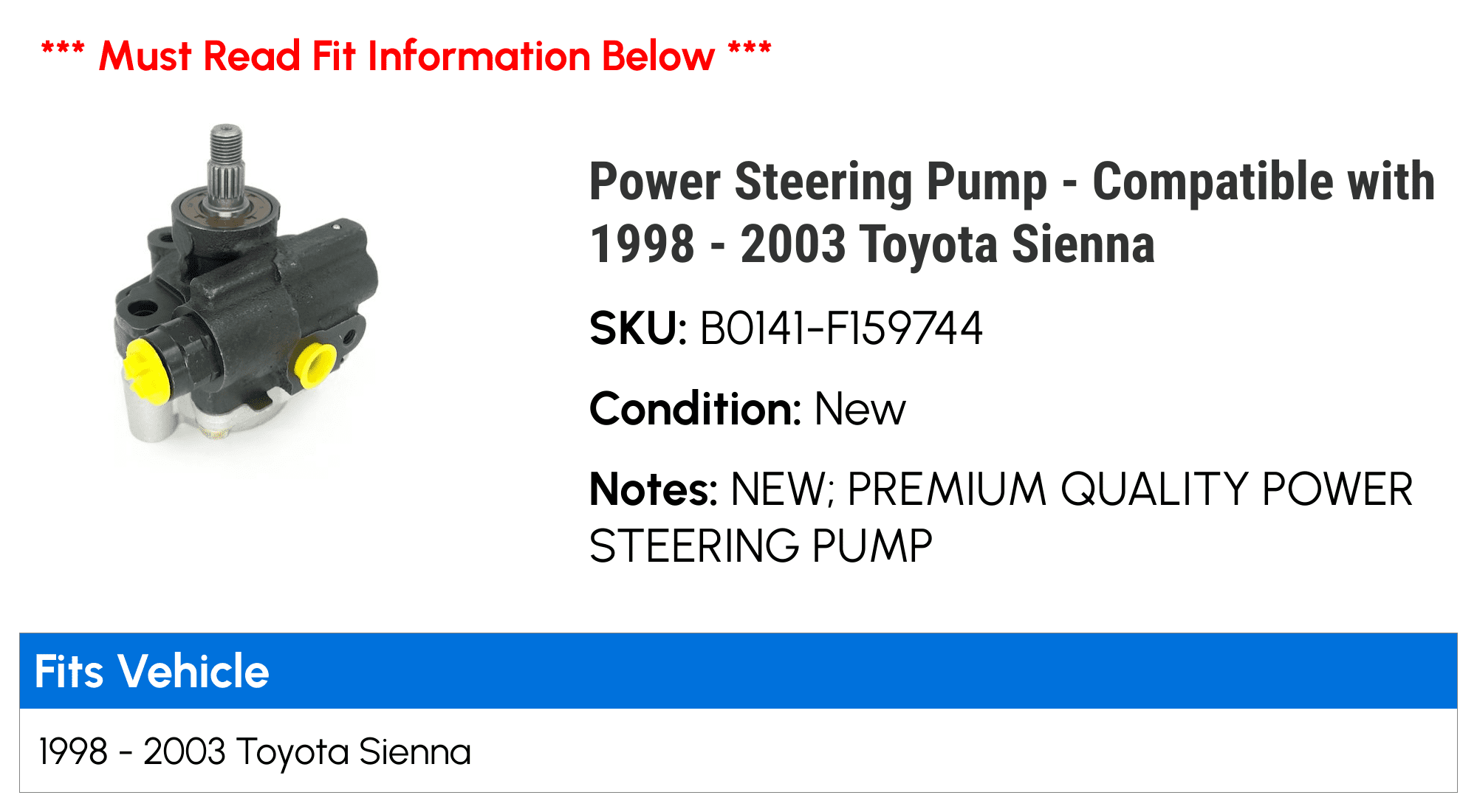 Power Steering Pump - Compatible with 1998 - 2003 Toyota Sienna 1999 2000 2001 2002
