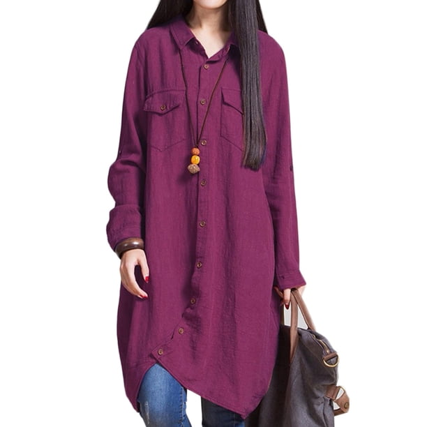 Las nuevas mujeres de lino del algodón blusa larga irregular del dobladillo Botones ocasionales floj Abanopi Morado L