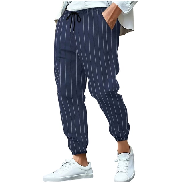 Men's Striped Summer Linen Cropped Pants Thin Basic Loose Cinch Bottom Trousers Elastic Waist Drawstring Beach Pants