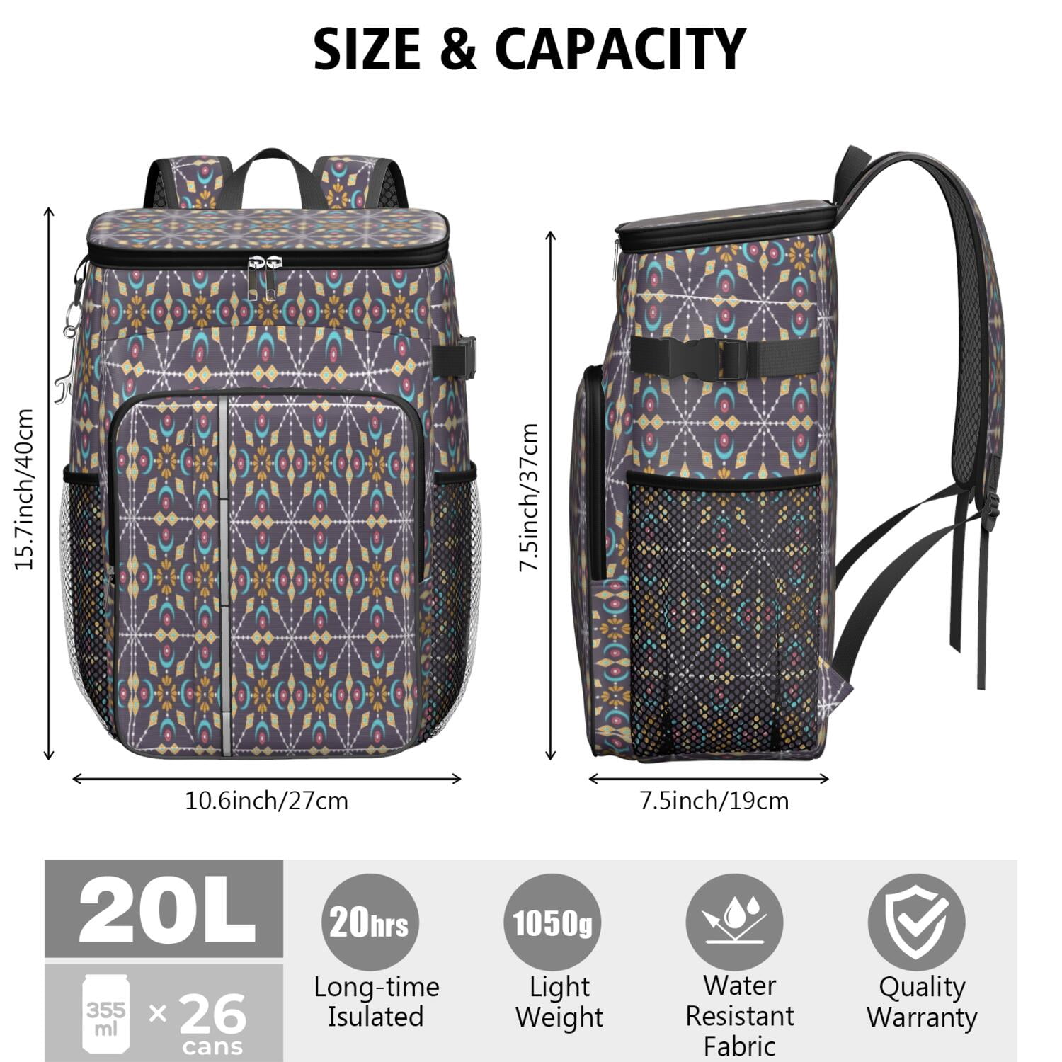 Travel Cooler Bag - Boho Bohemia Pioneer Flower Geometric Line Art Camping Beer Cooler Backpack with Bottle Opener- Waterproof Insulated Picnic Backpacks - Cooler Bag for Beach