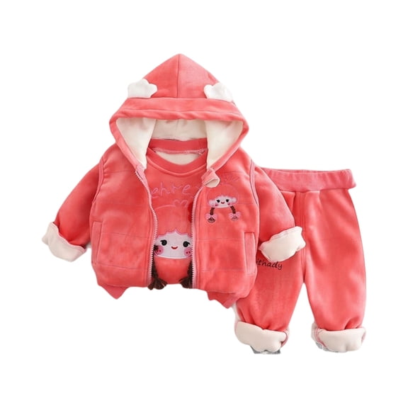 Toddler Fleece Lined Three Piece Outfit Set with Hooded Jacket Long Sleeve Shirt and Elastic Waist Pants for Kids