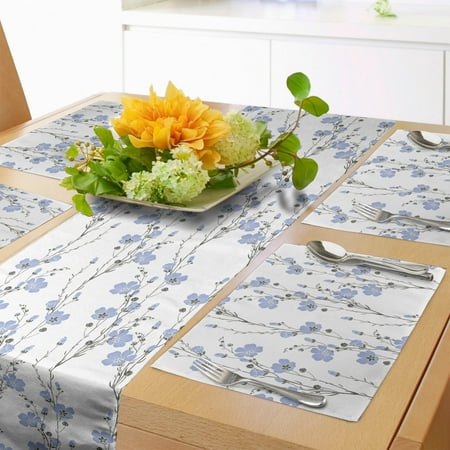 

Botanical Table Runner & Placemats Vertically Budding Flax Flowers Stems Branches Garden Art Set for Dining Table Decor Placemat 4 pcs + Runner 14 x72 Dark Sepia Lavender Blue by Ambesonne