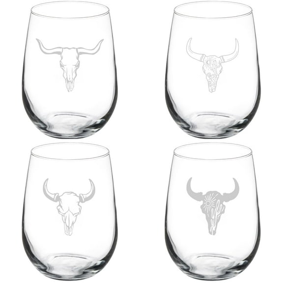 Set of 4 Wine Glass Gift Western Cow Skull Collection (17 oz Stemless)