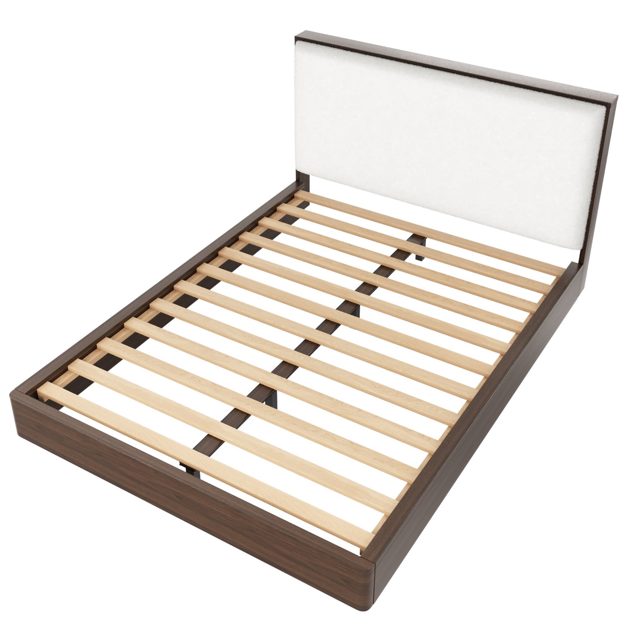 Euroco Wood Queen Size Platform Bed with Bouclé Upholstered Headboard, No Box Spring Needed, Walnut