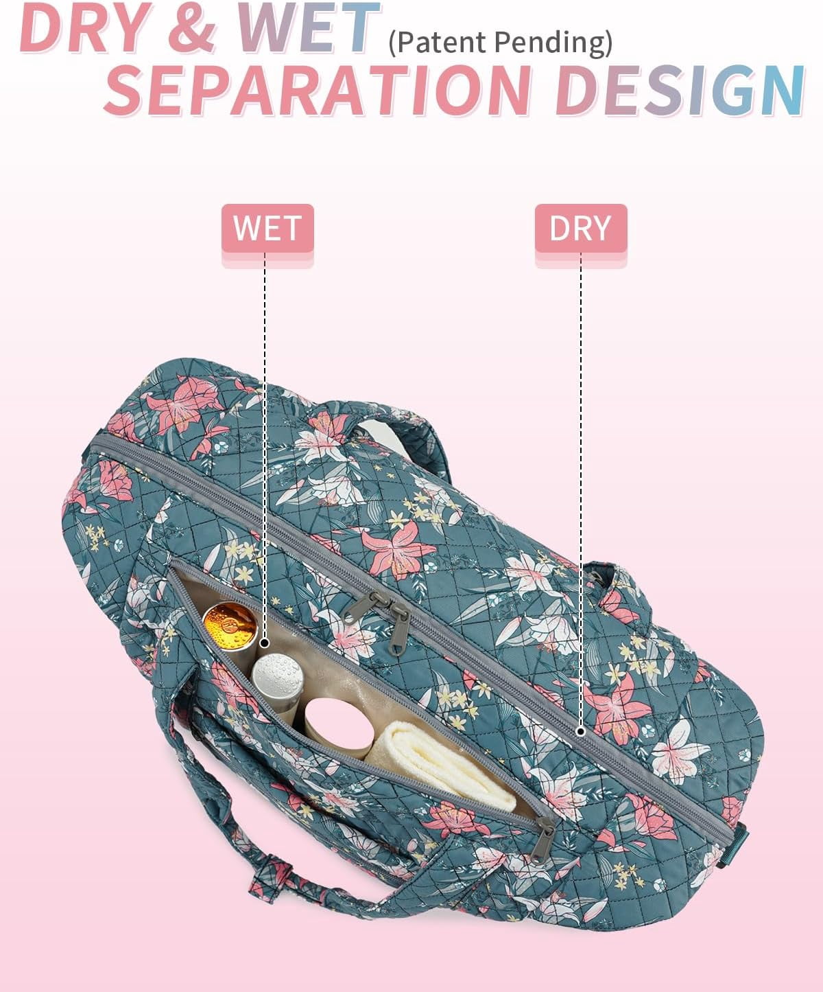 WANDF Travel Duffel Bags with Shoe Bag,Airline Approved Personal Item Bag for Women with Wet Pocket,Trolley Sleeve,Quilted Overnight Weekender Bag for Camping Gym Beach(Blue,Flower)