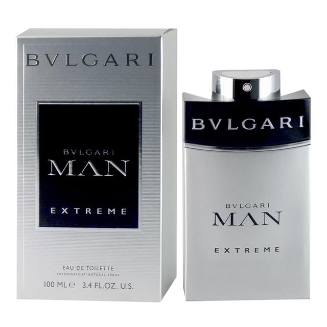 Loción Bvlgari Man Extreme Caballero Eau De Toilette De 100 ml, fragancia amaderada masculina con notas de toronja rosada, bergamota, jugo de cactus, fresia, cardamomo, ámbar, benjuí y vetiver, en envase plateado con tapa negra y spray superior, ideal para uso diario y ocasiones especiales.