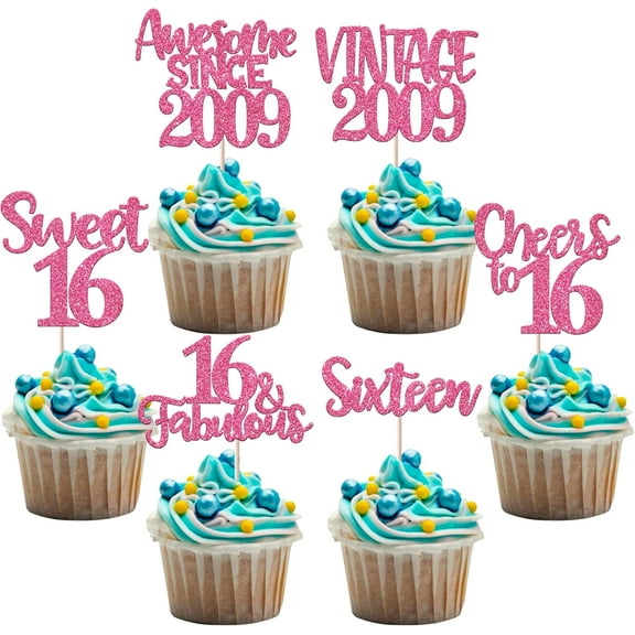 10pcs Sweet 16th Cupcake Toppers Glitter Sixteen 16 Fabulous Vintage 2009 Cupcake Picks for Cheers to 16th Birthday Wedding Anniversary Party Cake Decorations Pink