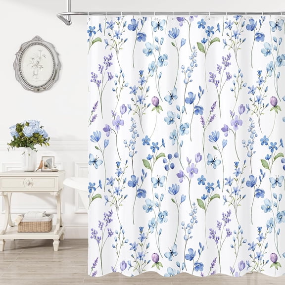 Extra Long Shower Curtain 72 x 84, Watercolor Floral Fabric Shower Curtain for Decorative Bathroom, Blue Butterfly Flower Waterproof Shower Curtain Set