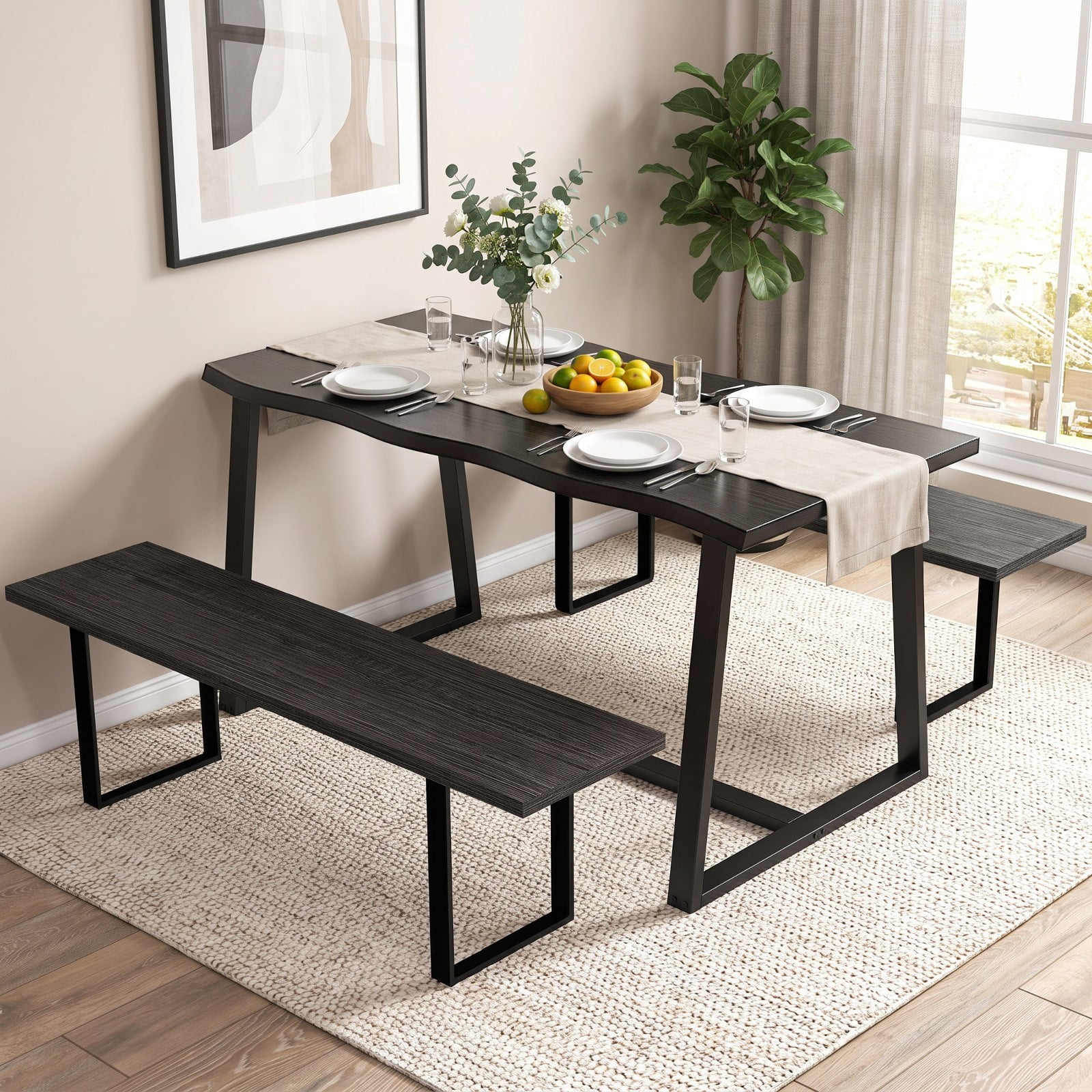 Furnibear 63" Large Dining Table with Wavy Edge and Heavy-duty Metal Frame for Kitchen Dining Room Breakfast Nook Small Space Home, Black