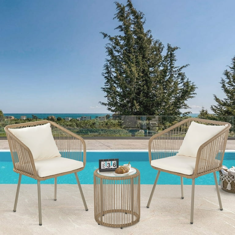 3 Piece White Outdoor Rattan Bistro Set Patio Set with Glass Table 2 Cushioned Chairs Walmart