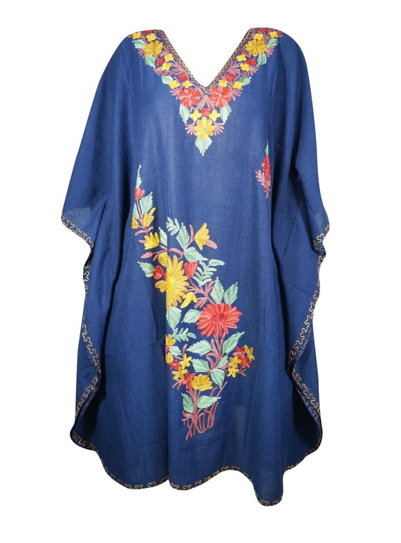 Mogul Women Embroidery Mid Length Caftan Dress V-Neck Kimono Sleeves Resort Wear Cover Up Navy Blue Tunic Kaftan Dresses One Size