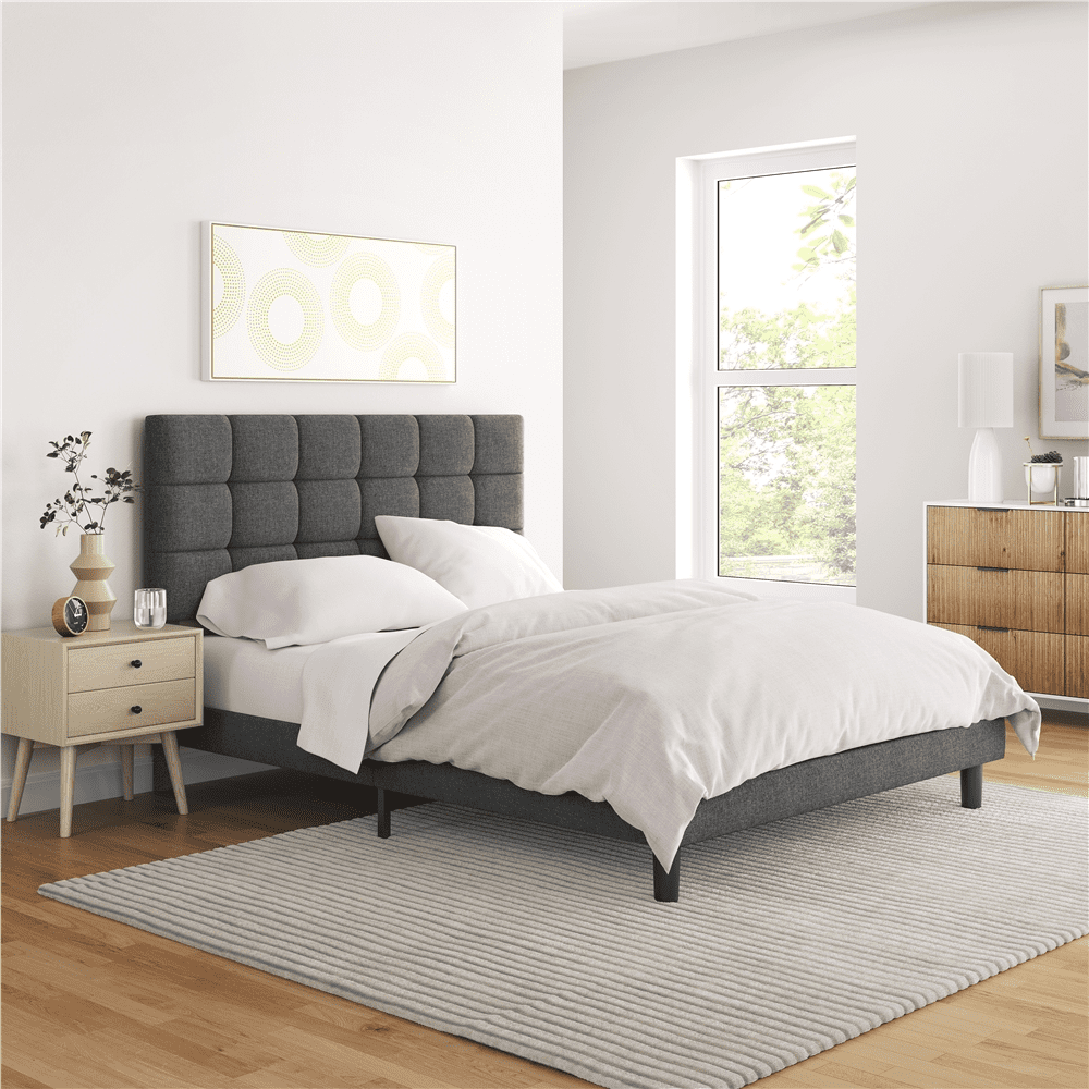 New GREY SILVER Upholstered Platform Bed Frame & Slats Modern Home ALL SIZES 013 