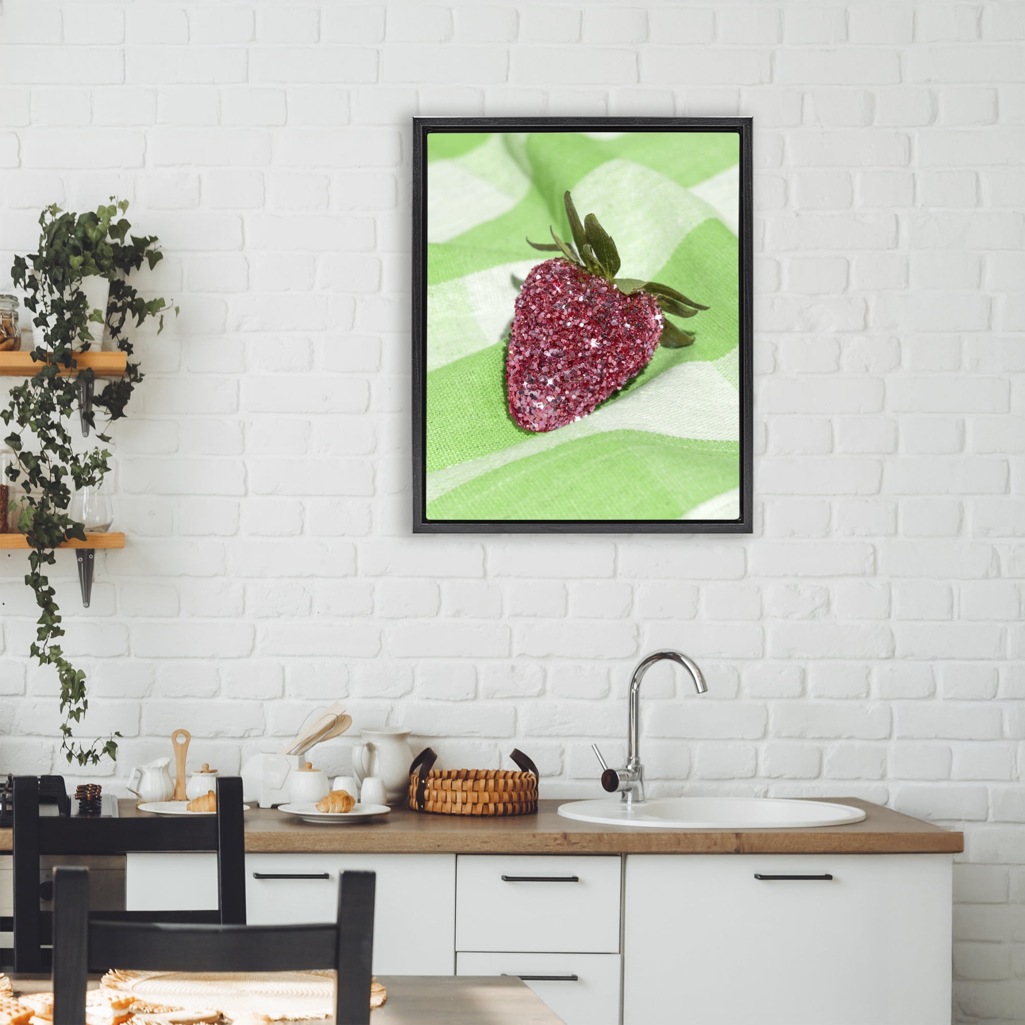 Stupell Industries Glimmer Strawberry on Green Black Framed Floater Canvas Wall Art, design by LISH Creative