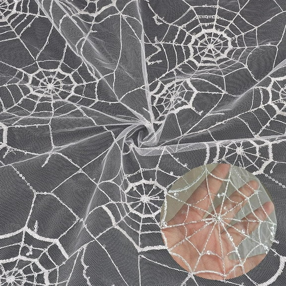 1 Yard White Spider Web Lace Fabric 140cm/55.12 Inch Width Gothic Sheer Lace Fabric Polyester Net Fabric Non-Stretch Mesh Fabric Clothing Accessories for Halloween Tablecloth