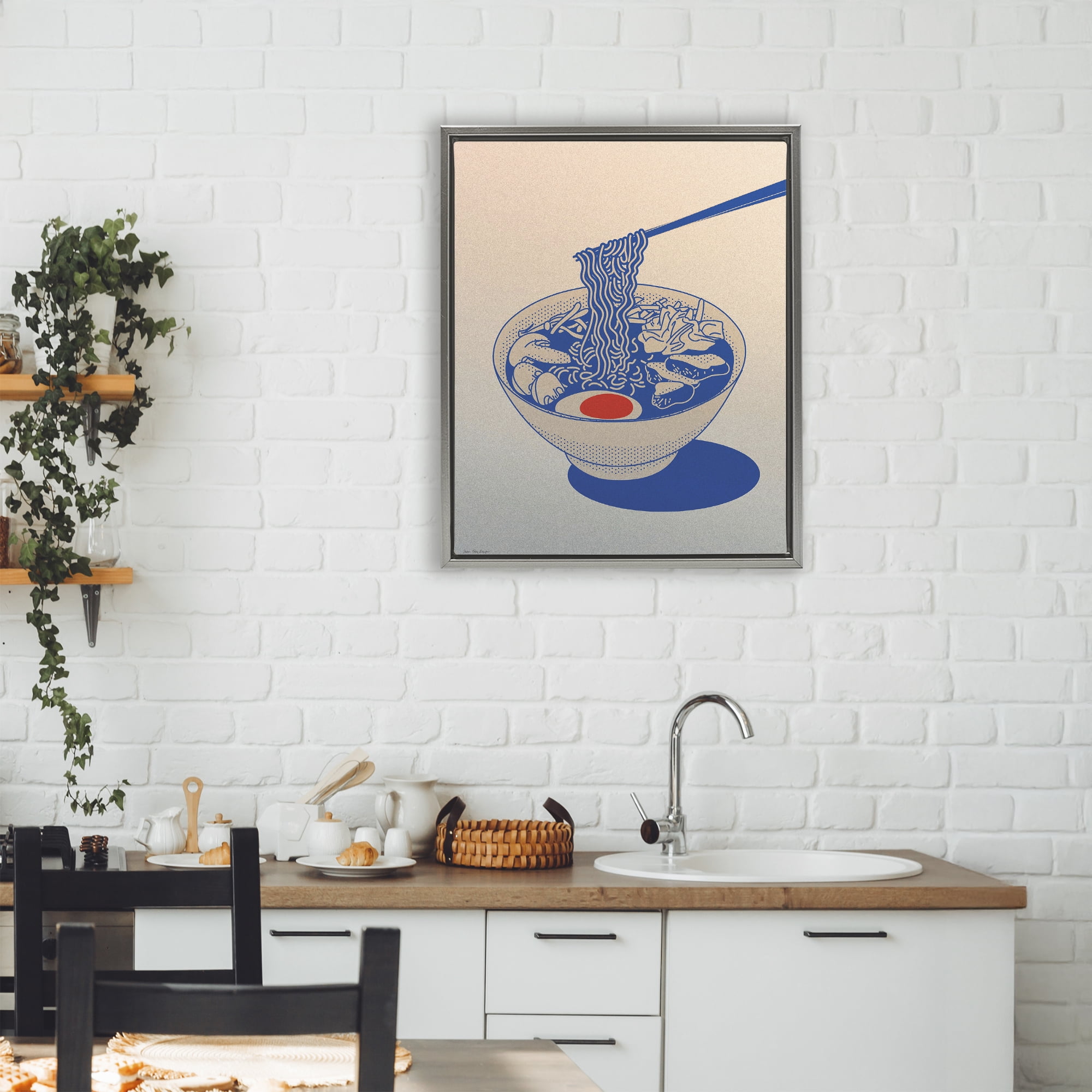 Ramen Noodle Bowl Gradient Gray Framed Floater Canvas Wall Art, design by Seven Trees Design