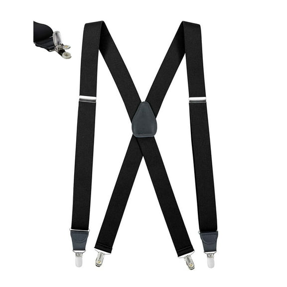 Mens Elastic No Slip "Pin Clip" x Back Suspenders With Leather Trim - Black (Available in 2 Colors)