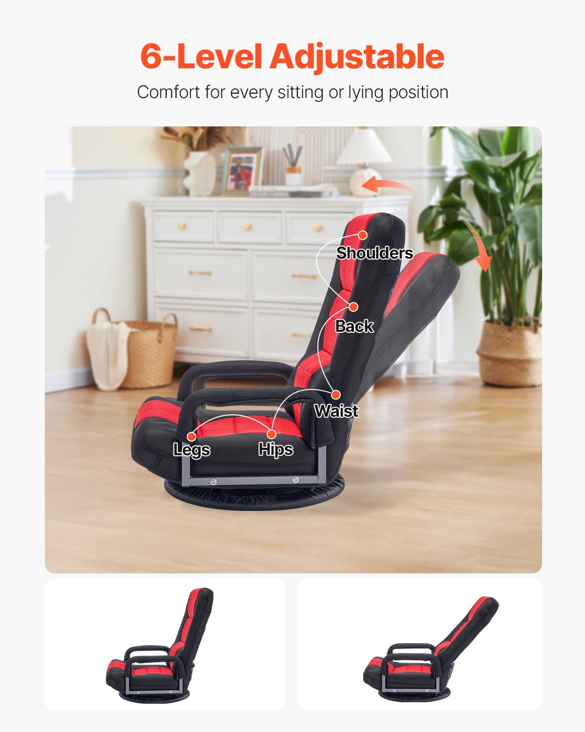 VEVOR Swivel Floor Gaming Chair with Armrests, 360-Degree Rotating Floor Chair with 6 Adjustable Position Folding Backrest and Lumbar Support, Folding Video Reclining Sofa for TV Reading, Red Black