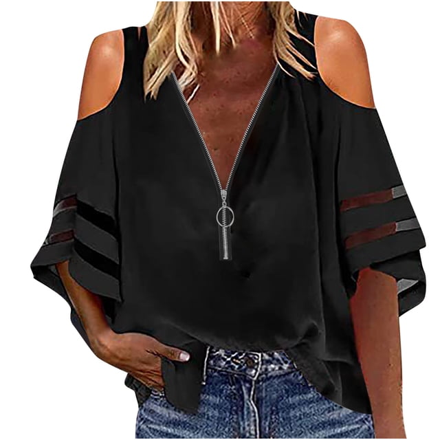 Pompotops Chemise Femme à Manches Longues Col en V avec Fermeture Éclair