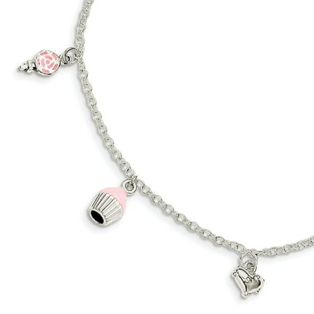 - Sterling Silver Childrens Enameled Lollipop Cupcake Heart With 1.5inch Ext. Bracelet - 5.5 Inch